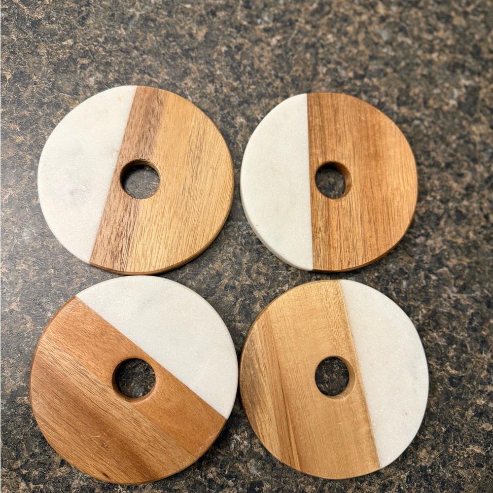 Set of Four Round Wood and Marble Coasters